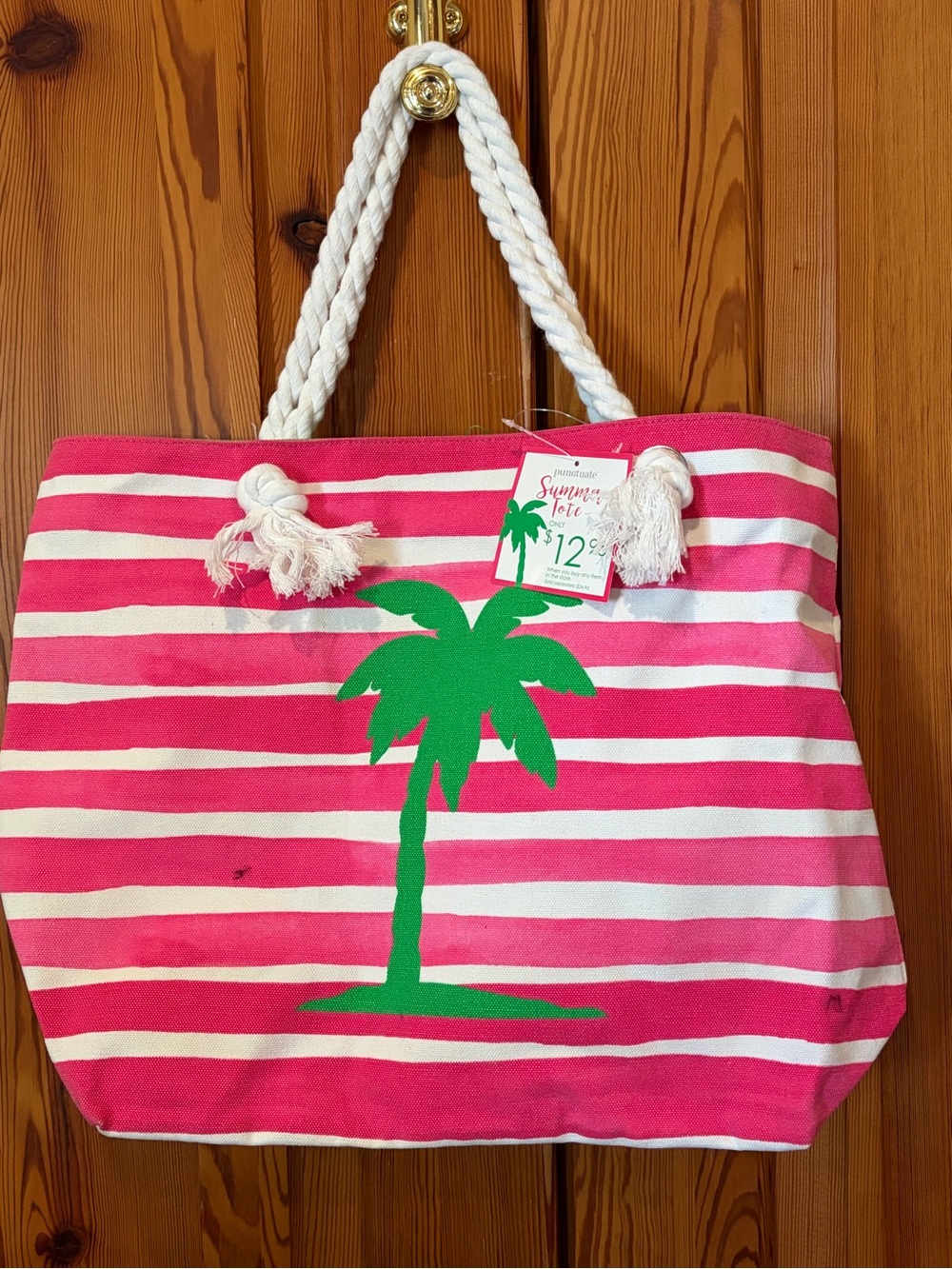 Striped Pink & White Palm-Print Summer Tote